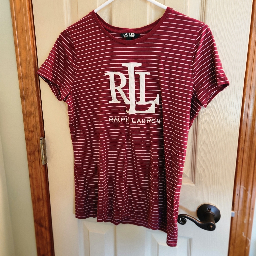 Original Lauren Ralph Lauren logo striped t maroon white nautical sz Large